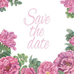 Hand drawn "Save the date" greeting card with pink flowers and leaves. Hand-drawn botanical illustration with colored pencils.