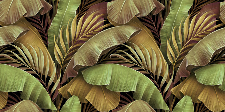 Tropical seamless pattern, golden grunge banana leaves, palm in the jungle. Vintage textured 3d illustration, premium design. Abstract background. Luxury wallpaper, mural art, fabric printing, cloth, © alenarbuz
