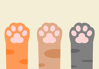 Three cute paws up cat pet orange brown and black leg cats flat vector icon.