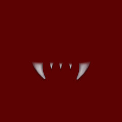Vampire white teeth on the dark red background. Flat lay. Scary halloween teeth.
