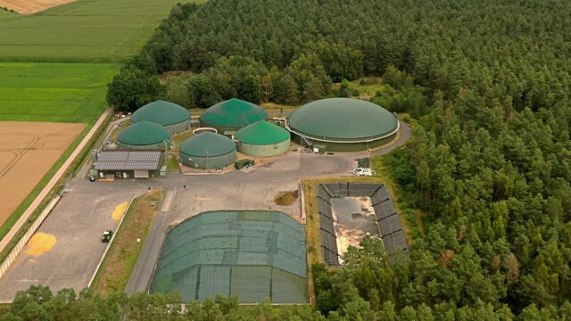 Aerial view of a plant for the production of methane gas from biological waste for the generation of heat and electrical energy.