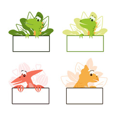 Set - A cute dinosaur is holding an empty sign. Children's illustration.