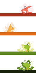 Set - A cute dinosaur peeks out from behind the strip. Children's illustration.