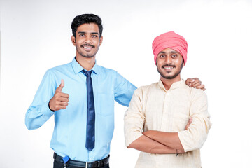 Young indian officer with farmer on white background.