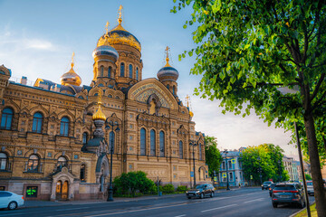 Fototapeta na wymiar Assumption Church in summer on Vasilievsky Island. Saint Petersburg, Russia