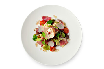 Easy summer Diet salad with eggs, sliced meat on a plate cutout