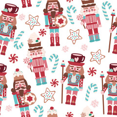 Holiday Christmas cute nutcracker, biscuits and sweets seamless pattern for fabric, linen, textiles and wallpaper