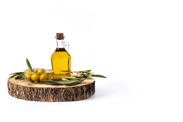 Virgin olive with green olives in crystal bowl isolated on white background