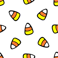 Fototapeta premium Vector seamless pattern of candy corn. hand-drawn doodle-style triangular shape of candy corn in white, yellow and orange stripes, randomly placed on a white background for a Halloween design template