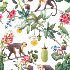 Beautiful seamless tropical floral pattern with cute hand drawn watercolor monkey and exotic jungle flowers. Stock illustration.