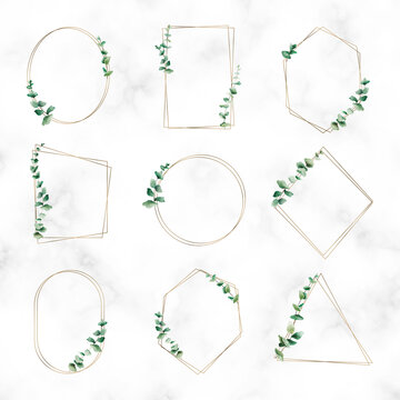 Hand Drawn Eucalyptus Leaf Gold Frame Set