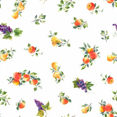 Beautiful vector seamless pattern with hand drawn watercolor tasty summer pear apple grape fruits. Stock illustration.