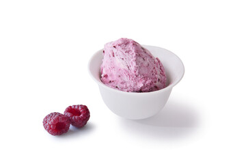 ice cream ball with raspberries isolated on white background