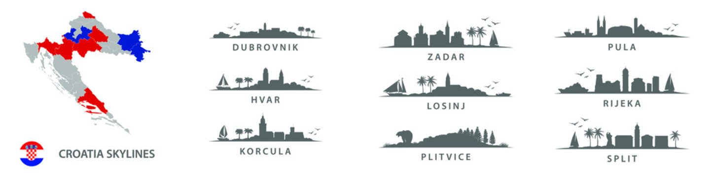 Collection of croatian skylines, big cities in Croatia, eastern europe. Dubrovnik, Zadar, Pula, Hvar, Losinj, Rijeka, Korcula, Plitvice, Split.