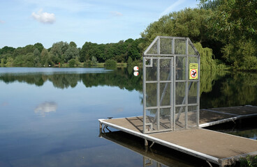 Shot of a water sports platform on West lake in Colwick Country Park in Nottingham, UK