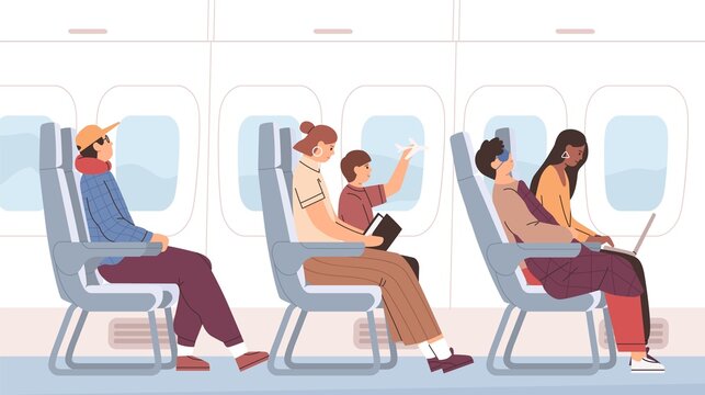 Airplane passengers sitting on chairs in plane cabin during air flight. Side view of people on seats traveling by aircraft. Flat vector illustration of aeroplane interior isolated on white background