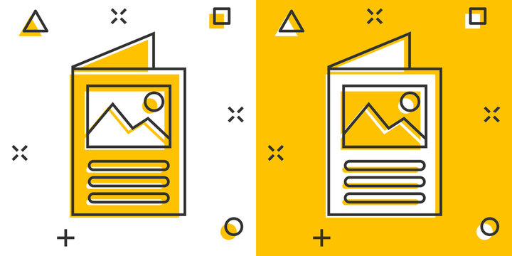Flyer leaflet icon in comic style. Brochure sheet vector cartoon illustration pictogram. Booklet flyer business concept splash effect.