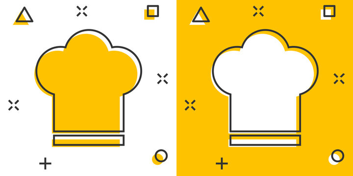 Chef hat icon in comic style. Cooker cap vector cartoon illustration pictogram. Chef restaurant business concept splash effect.