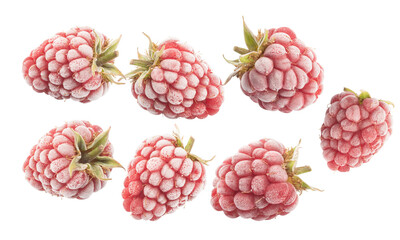 set of frozen raspberries isolated on white