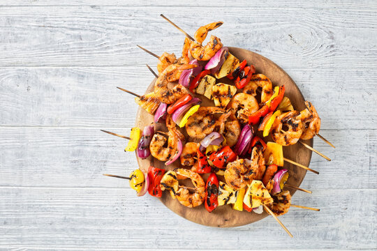 Shrimp Kabobs With Charred Veggies And Pineapple