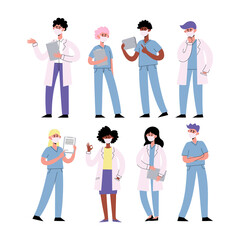 Obraz premium Vector set of standing doctors and nurses in face mask