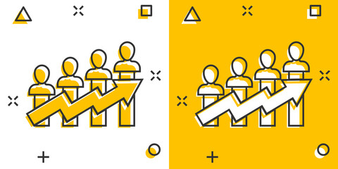 Performance icon in comic style. Career vector cartoon illustration on white isolated background. People with arrow business concept splash effect.