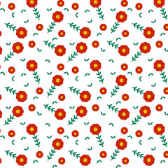 Cute Floral seamless pattern. small red flowers and green leaves. white background. Design for fabric,fashion,print,product,tiles,packaging,wallpaper,clothing,wrapping.Vector illustration