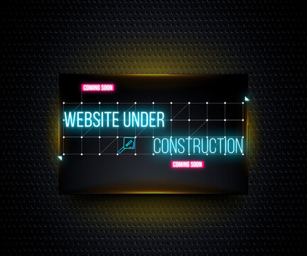 Website under construction page. coming soon text. Neon pattern isometric illustration isolated on glowing background. webpage development concept