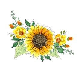 Watercolor composition of sunflowers. Hand painted illustration, isolated on white background. Design element of floral decoration for wedding printing