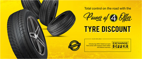 Tyre discount. Advertisement flyer in yellow background. Promo action for buying four car wheels.  - obrazy, fototapety, plakaty