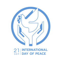 International day of peace - hands are letting the dove of peace to fly in circle with modern blue line flat style vector Design