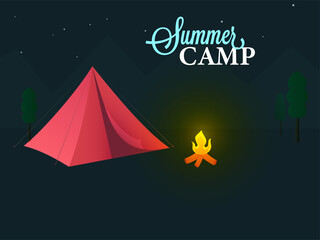 Summer Camp Concept With Red Tent, Bonfire And Tree On Dark Teal Background.