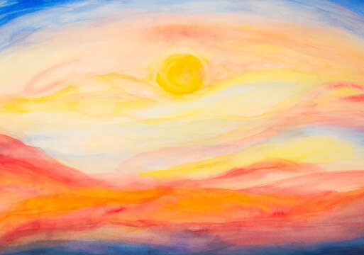 Bright colorful abstract sunset or sunrise sky wallpaper background hand painted with watercolor. Horizontal banner with sky and sun in the center. Fantasy artwork illustration. Season