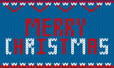 Merry Christmas Font Over Colorful Knitting Pattern Background.