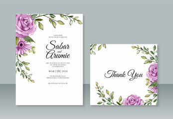 Minimalist wedding invitation template with purple flower watercolor painting