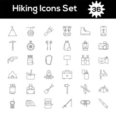 Black Line Art 36 Hiking Icons in Flat Style.