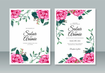 Wedding invitation template with red roses watercolor painting