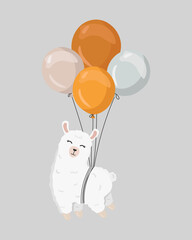 Cute alpaca on the balloons. Great for nursery design, poster, birthday greeting card.  Happy birthday.  Flat vector cartoon illustration. © Alina