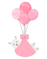 Cute alpaca on the balloons. Great for nursery design, poster, birthday greeting card. Baby Shower. It's a girl. Flat vector cartoon illustration.