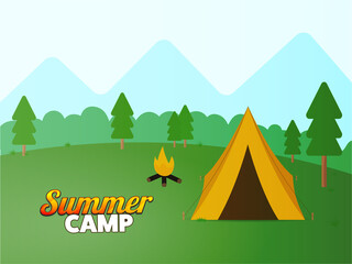 Summer Camp Poster Design With Tent Illustration, Bonfire On Nature Landscape Background.