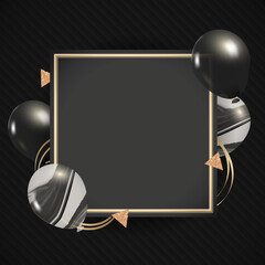 Golden rectangle frame design with black marble balloons vector
