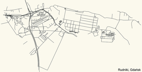 Black simple detailed street roads map on vintage beige background of the quarter Rudniki district of  Gdansk, Poland