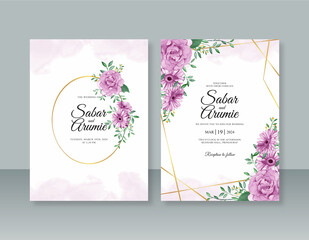 Wedding invitation template with purple flower watercolor painting and geometric frame