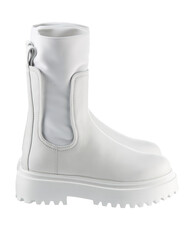 Beautiful pair of high white demi-season leather boots with a massive sole, isolated on a white background. Side view.