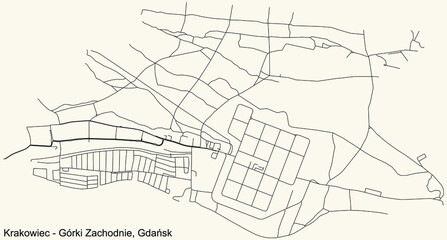 Black simple detailed street roads map on vintage beige background of the quarter Krakowiec-Górki Zachodnie district of  Gdansk, Poland