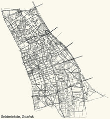 Black simple detailed street roads map on vintage beige background of the quarter Śródmieście district of  Gdansk, Poland