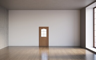 3d render of empty room with closed door and empty interior walls with copy space, cg render