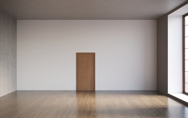 3d render of empty room with closed door and empty interior walls with copy space, cg render
