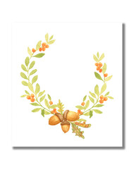 Watercolor autumn wreath with oak leaves and acorns. Congratulatory autumn card. Blank template for text.