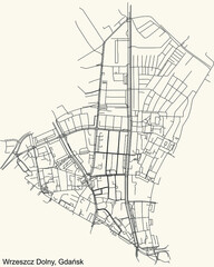 Black simple detailed street roads map on vintage beige background of the quarter Wrzeszcz Dolny district of  Gdansk, Poland